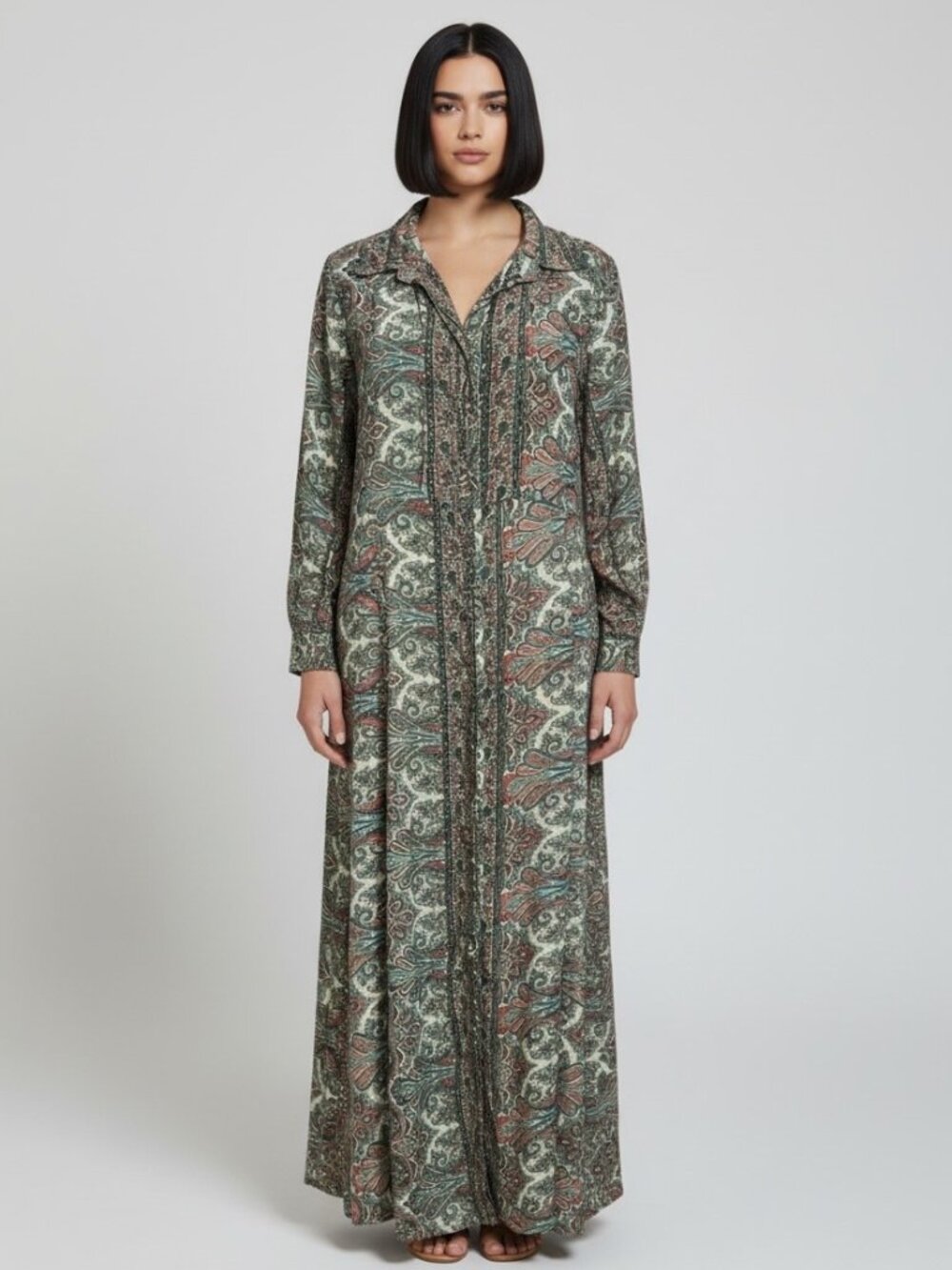 Sophie Atelier Paisley Maxi Shirt Dress Boho 70s Hippie Gold Metallic Size M